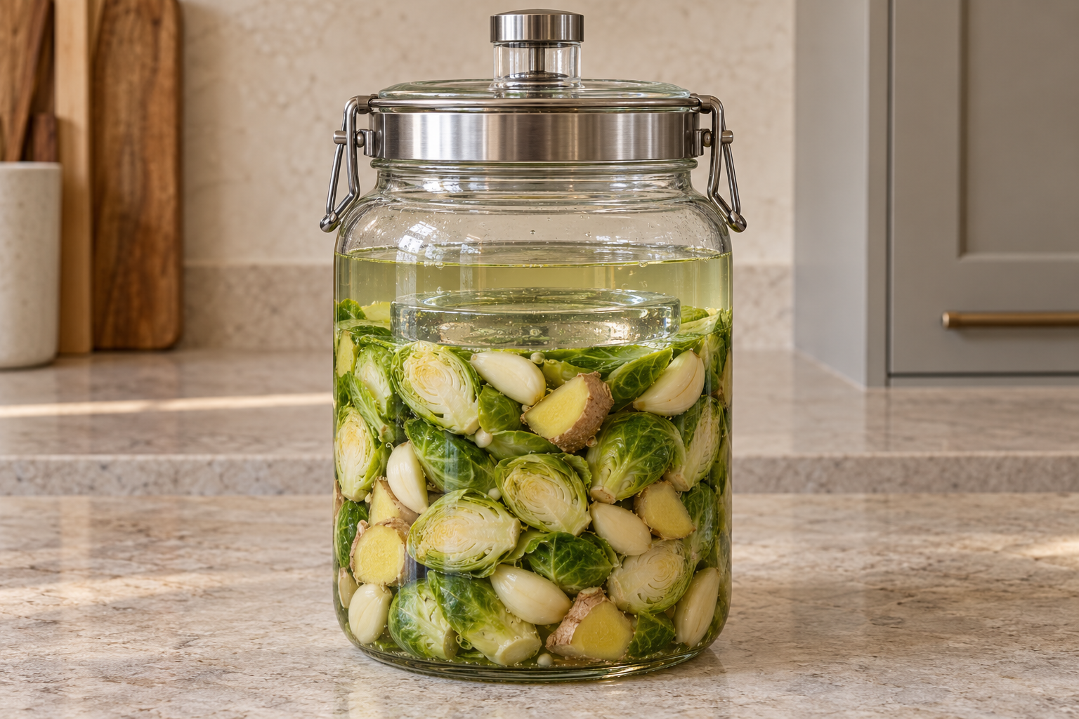 Glass weight holding Brussels sprouts garlic and ginger below brine under a pressure-aware closure