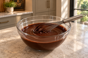 Three-ingredient cocoa drizzle fully whisked smooth with no oil or honey streaks