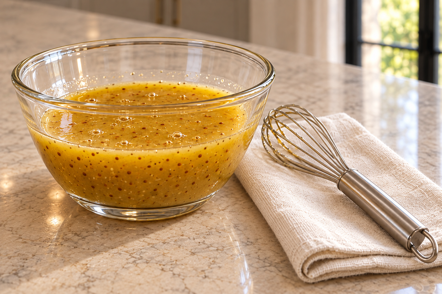 Freshly whisked honey mustard vinaigrette in a glass bowl with a supported stainless whisk