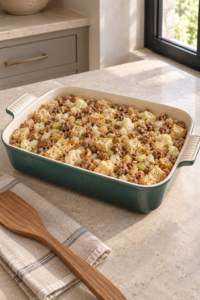 Moistened sausage stuffing spread in an Artichaut rectangular dish before baking