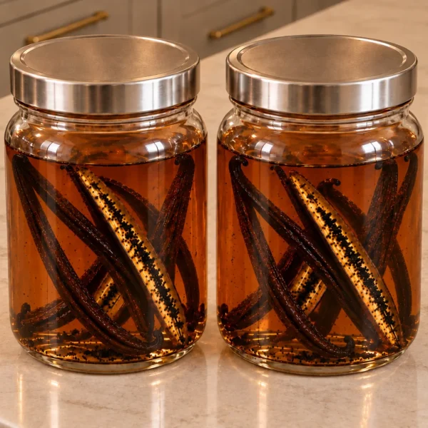 One-liter homemade vanilla extract for Full GAPS at its thirty-day first-use stage with whole and split beans in amber liquid