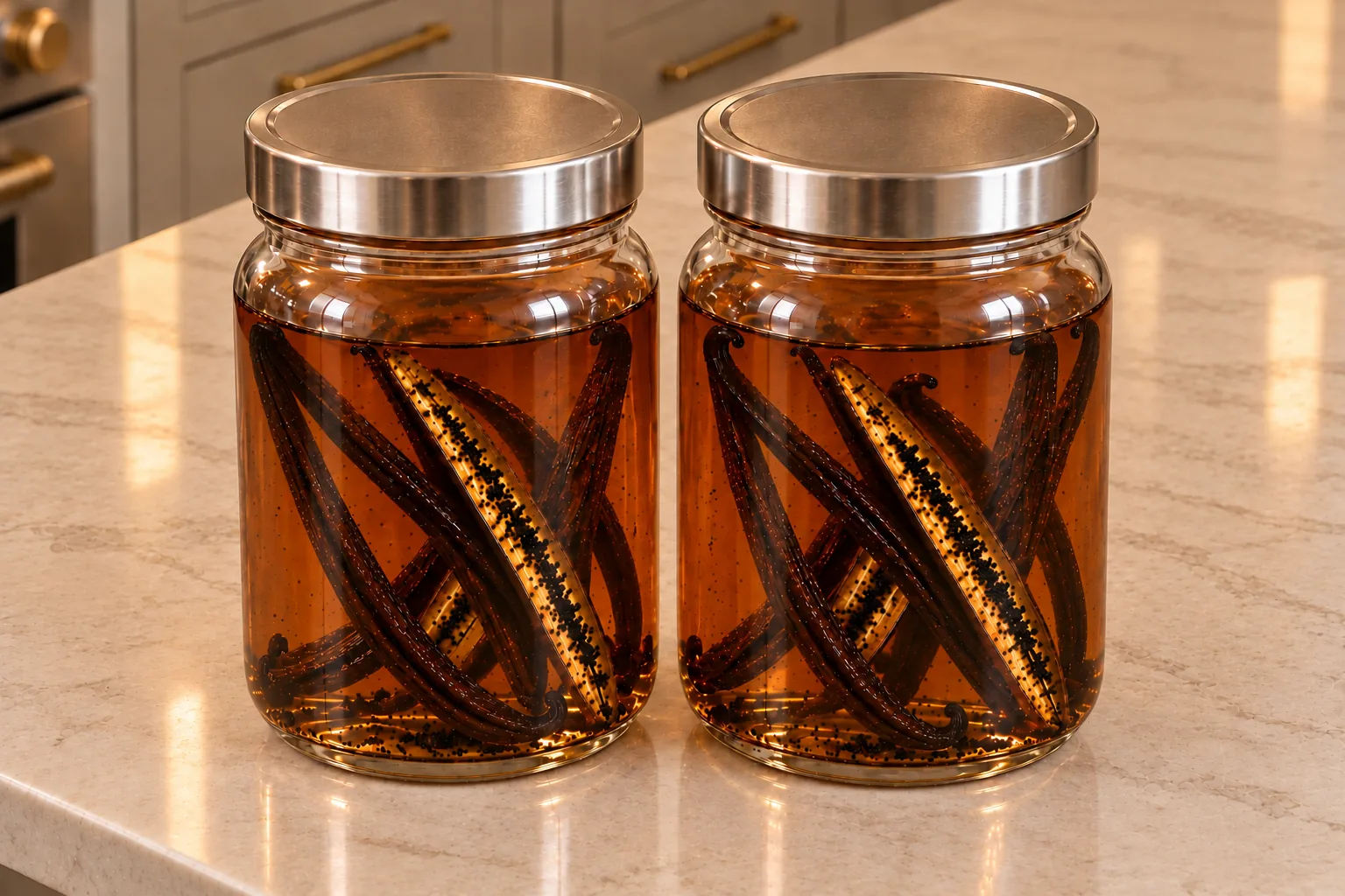 One-liter homemade vanilla extract for Full GAPS at its thirty-day first-use stage with whole and split beans in amber liquid