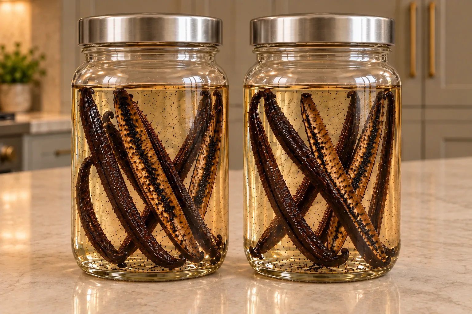 Fresh one-liter Full GAPS vanilla extract divided between two glass jars with whole and split beans immersed in clear grape vodka