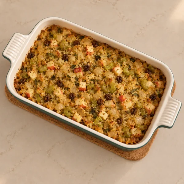 Full GAPS almond meal stuffing with baked onion, celery, apple and raisins in an Artichaut baking dish.
