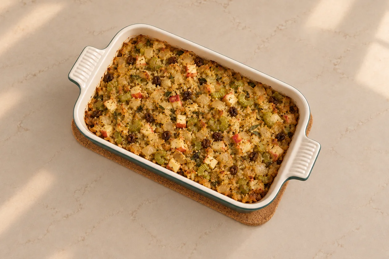 Full GAPS almond meal stuffing with baked onion, celery, apple and raisins in an Artichaut baking dish.