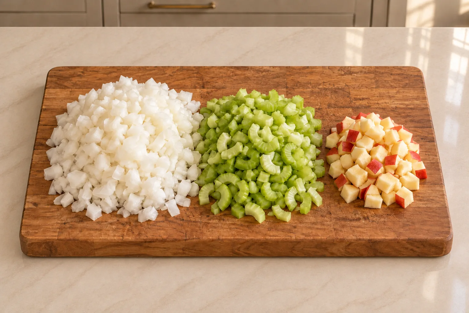 Diced onion, celery and cored apple ready for the Full GAPS almond meal stuffing.