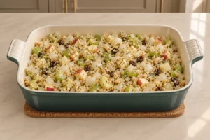 Full GAPS stuffing with vegetables, raisins, dry almond meal and beaten eggs combined before baking.