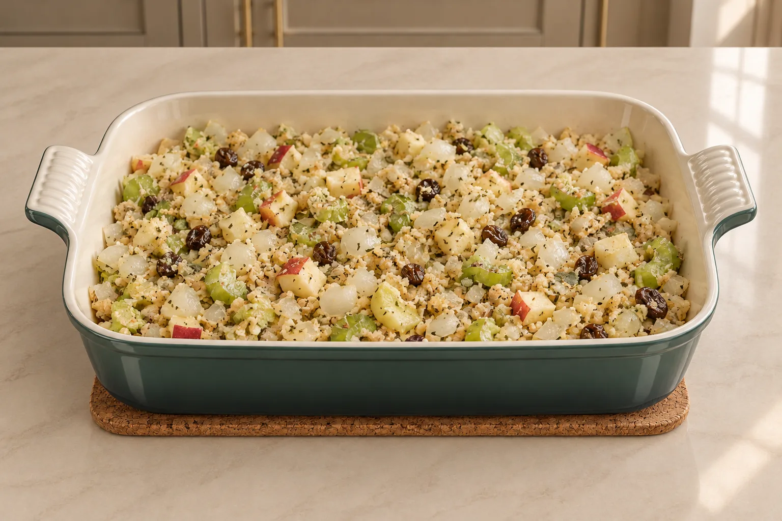 Full GAPS stuffing with vegetables, raisins, dry almond meal and beaten eggs combined before baking.