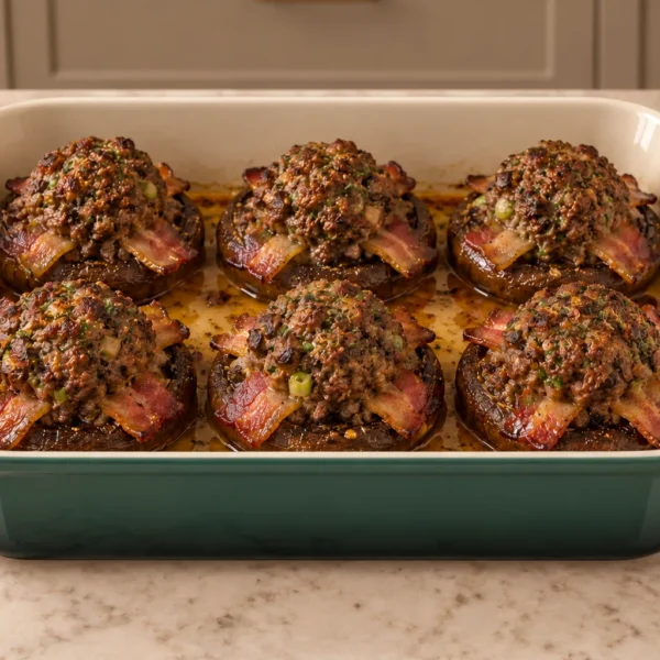 Six beef and bacon stuffed portobello mushroom caps for Full GAPS in an Artichaut baking dish