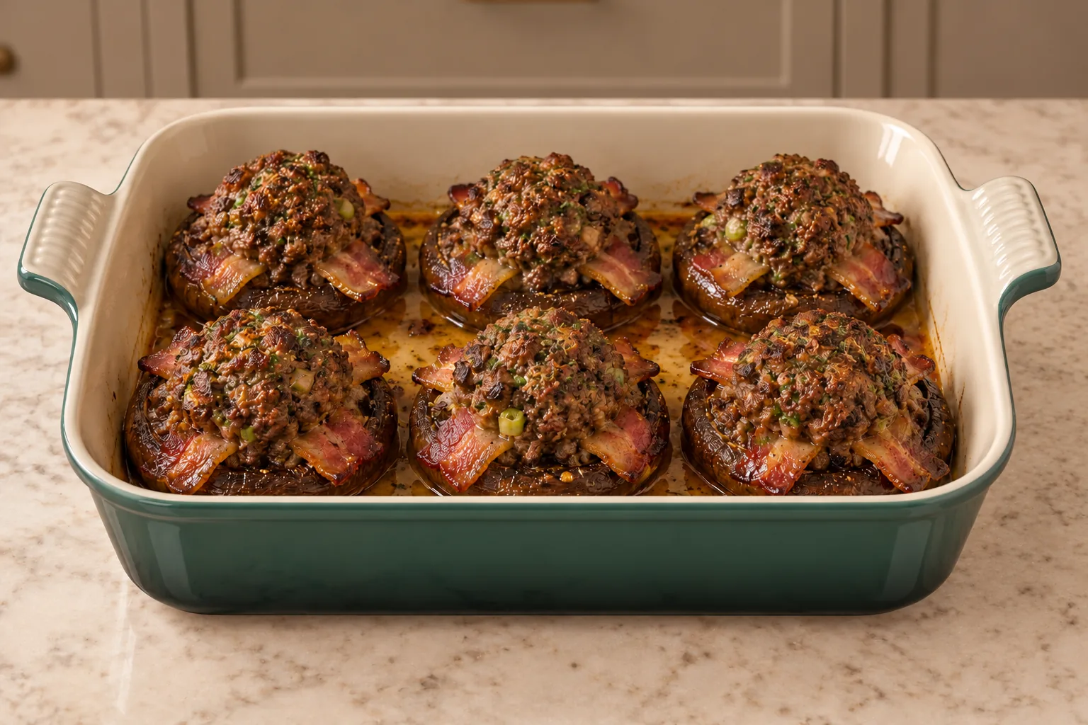 Six beef and bacon stuffed portobello mushroom caps for Full GAPS in an Artichaut baking dish