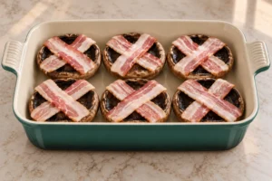 Six raw portobello caps with crossed bacon in a Le Creuset Artichaut baking dish
