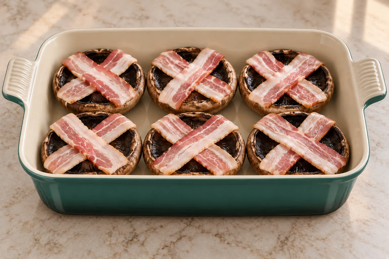 Six raw portobello caps with crossed bacon in a Le Creuset Artichaut baking dish