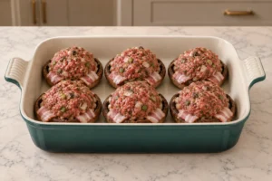 Six raw beef-filled portobello caps ready to bake in a Le Creuset Artichaut baking dish