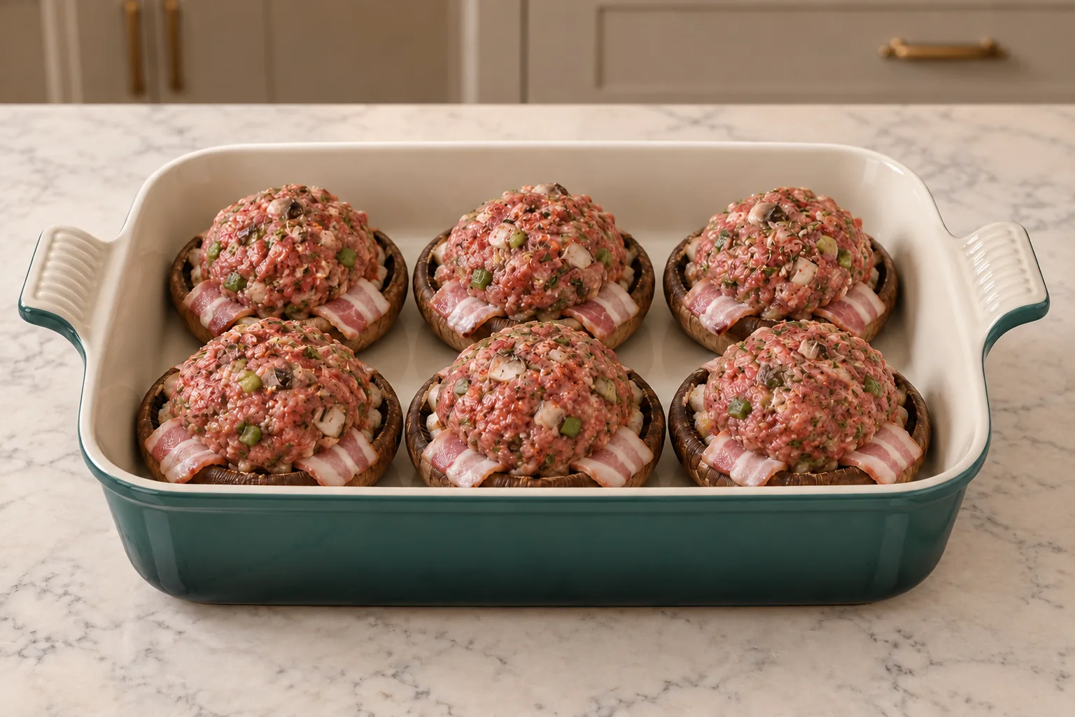 Six raw beef-filled portobello caps ready to bake in a Le Creuset Artichaut baking dish