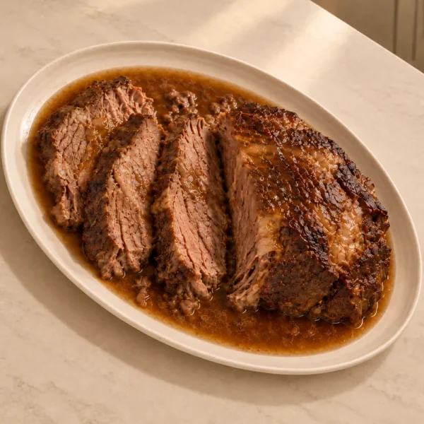 Full GAPS beef pot roast sliced crosswise with flowing beef meat-stock and ghee gravy