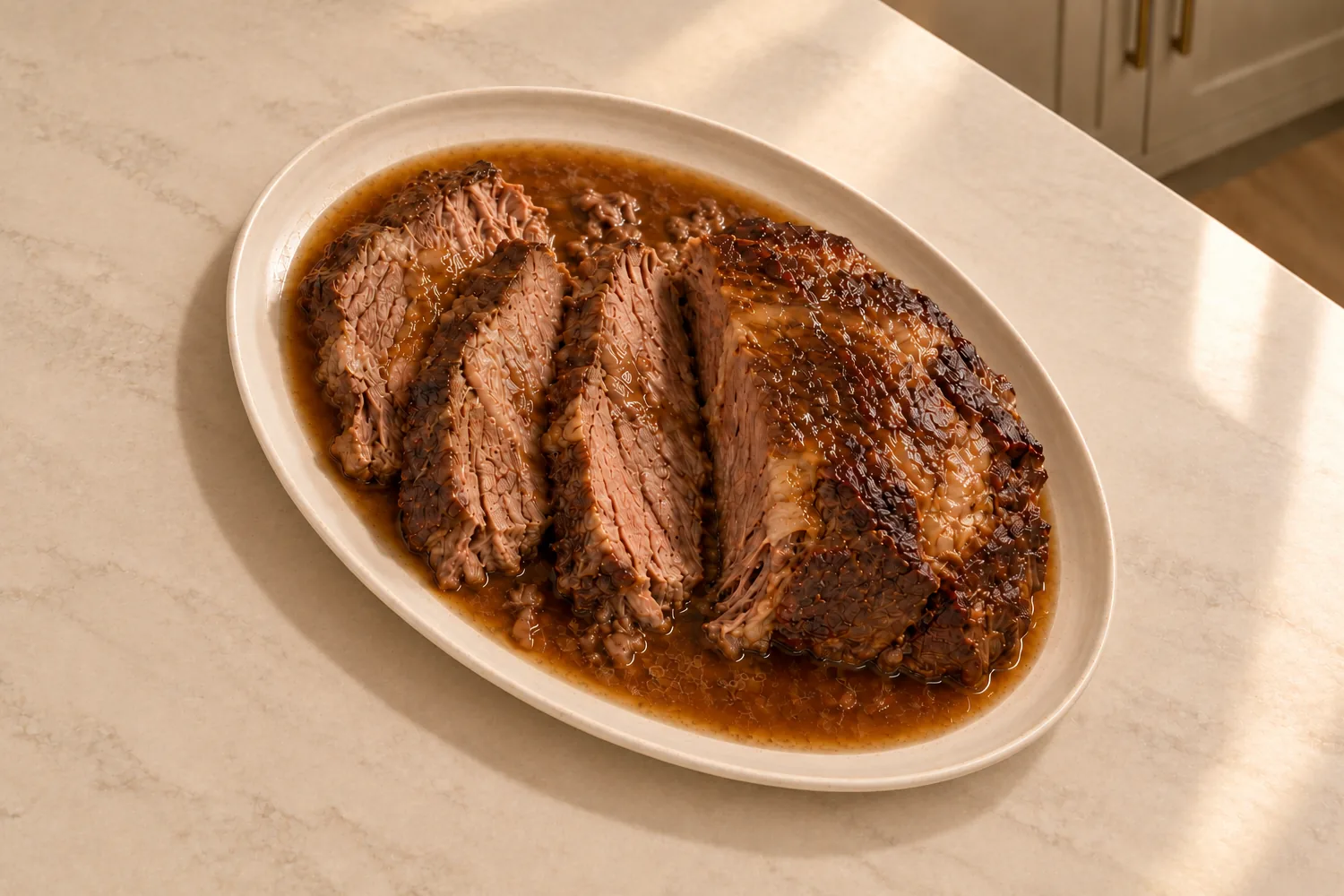 Full GAPS beef pot roast sliced crosswise with flowing beef meat-stock and ghee gravy