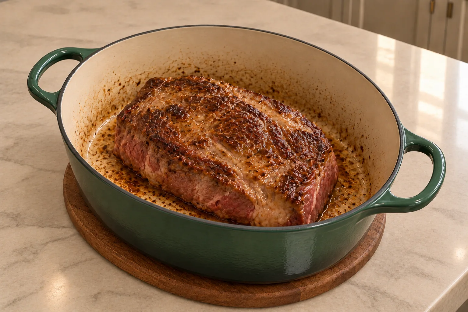 Full GAPS beef pot roast just seared in an Artichaut Dutch oven before adding meat stock