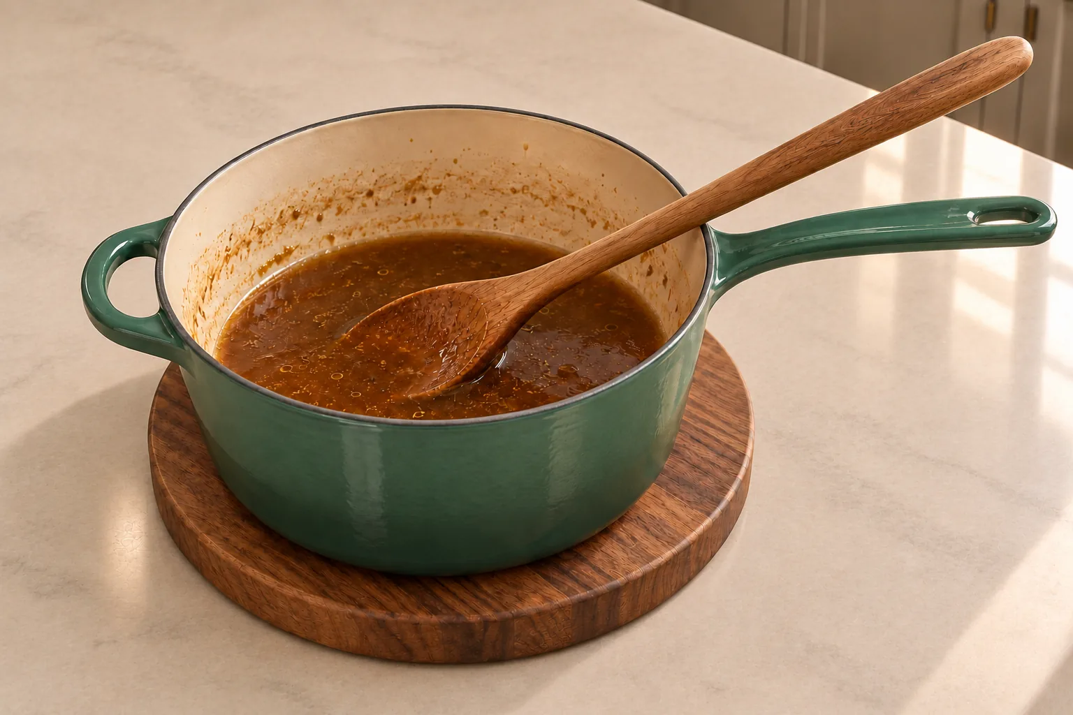 Full GAPS stock and ghee gravy after reduction in an Artichaut saucepan with a coated wooden spoon