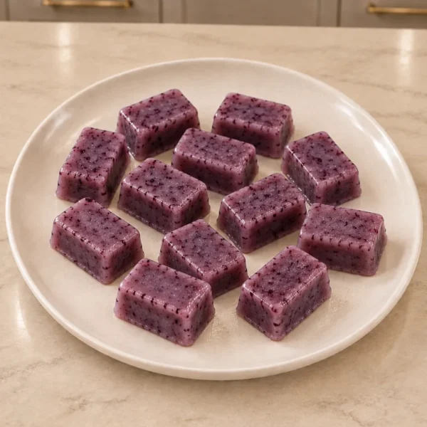 Blueberry coconut gummies for Full GAPS with small berry skin flecks on a cream serving plate