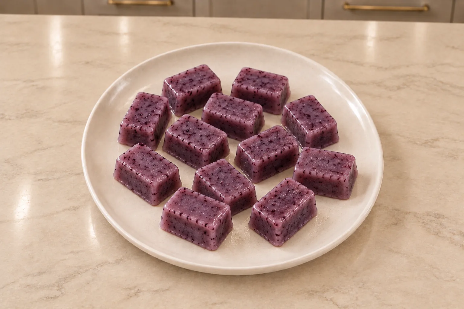 Blueberry coconut gummies for Full GAPS with small berry skin flecks on a cream serving plate