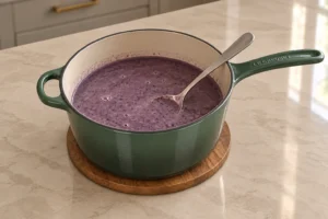 Warm blueberry coconut gelatin mixture for Full GAPS gummies in an Artichaut saucepan with a resting spoon