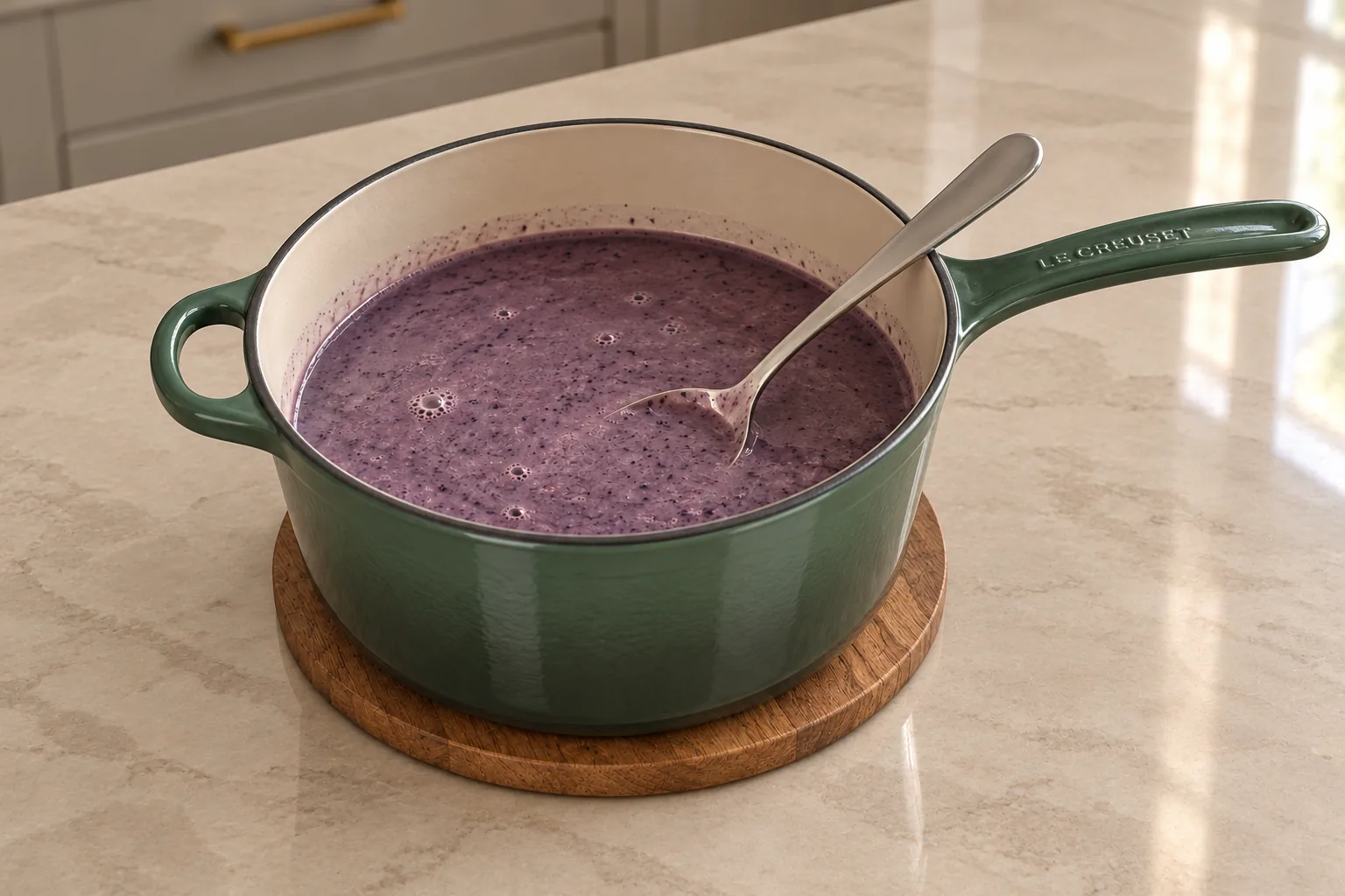 Warm blueberry coconut gelatin mixture for Full GAPS gummies in an Artichaut saucepan with a resting spoon
