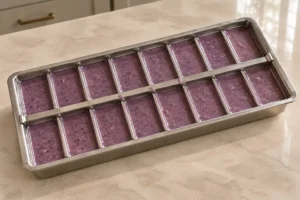 Blueberry coconut gummy mixture for Full GAPS portioned into a stainless-steel ice-cube tray before chilling