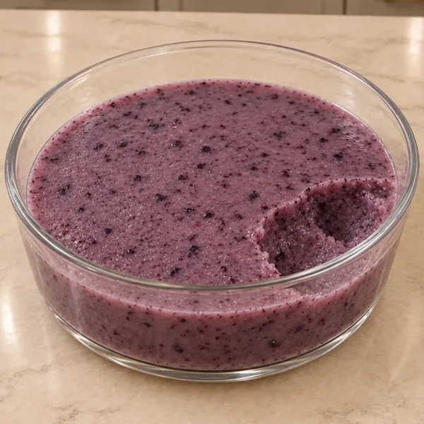 Set blueberry coconut jello with lemon for Full GAPS in a glass dish, showing the moist interior after a spoonful is removed