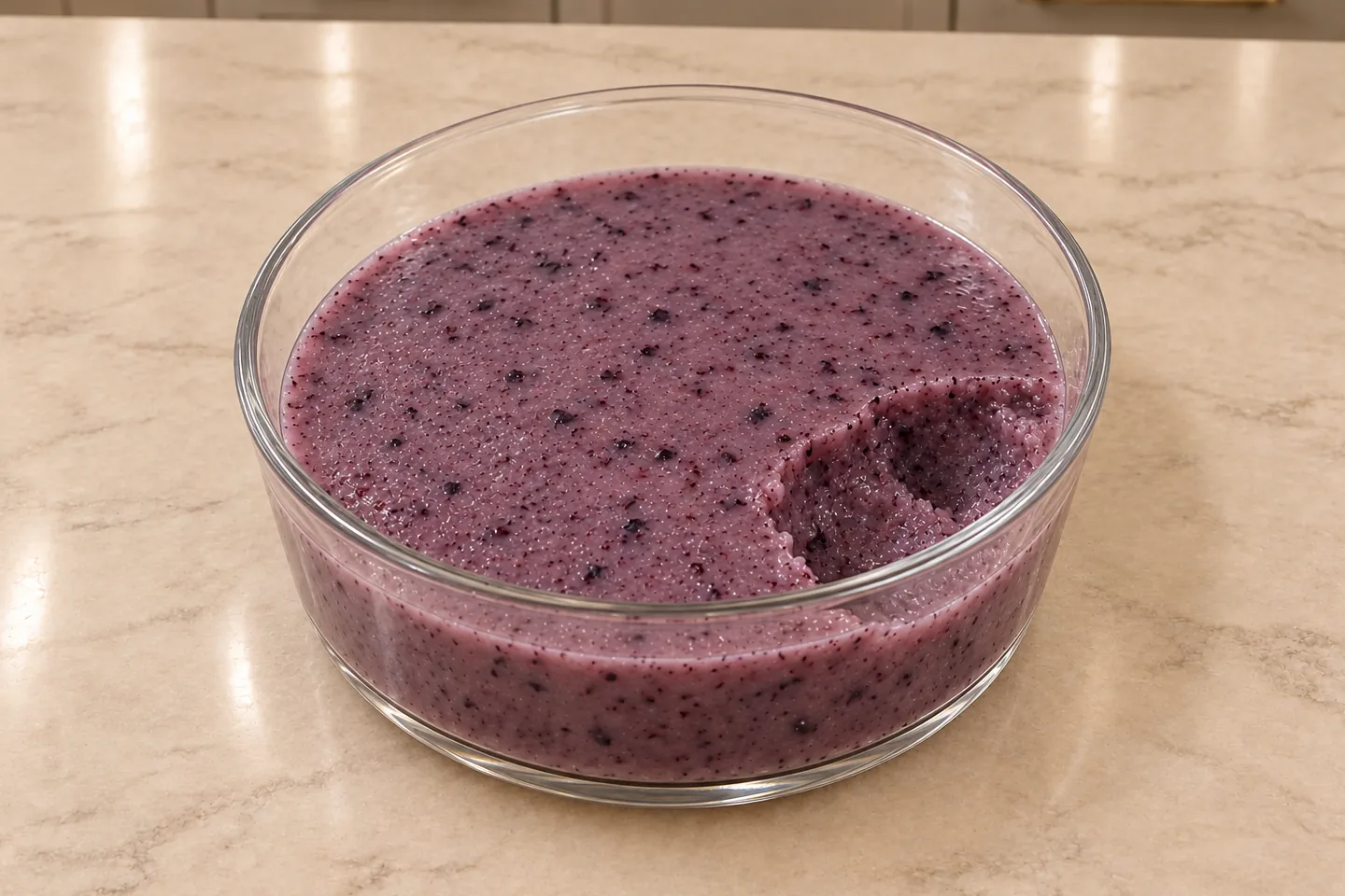 Set blueberry coconut jello with lemon for Full GAPS in a glass dish, showing the moist interior after a spoonful is removed