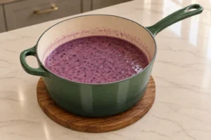 Warm blueberry coconut jello mixture for Full GAPS after the gelatin dissolves in an Artichaut saucepan on a wooden trivet
