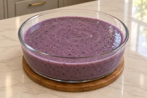 Pourable blueberry coconut jello with lemon for Full GAPS in a glass dish before refrigerator chilling