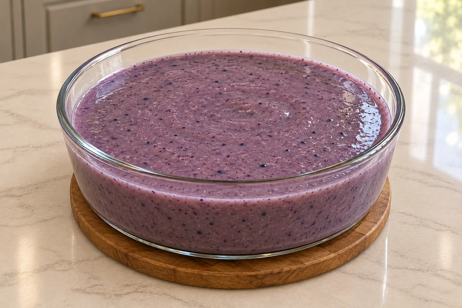Pourable blueberry coconut jello with lemon for Full GAPS in a glass dish before refrigerator chilling