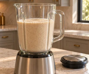 Smooth speckled chai coconut milk base after a ten-second blend in a glass blender