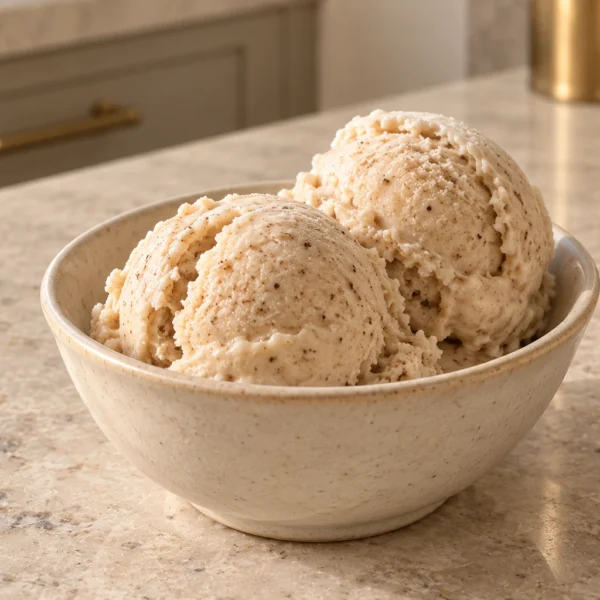 Two scoops of Full GAPS chai ice cream made with coconut milk and raw honey