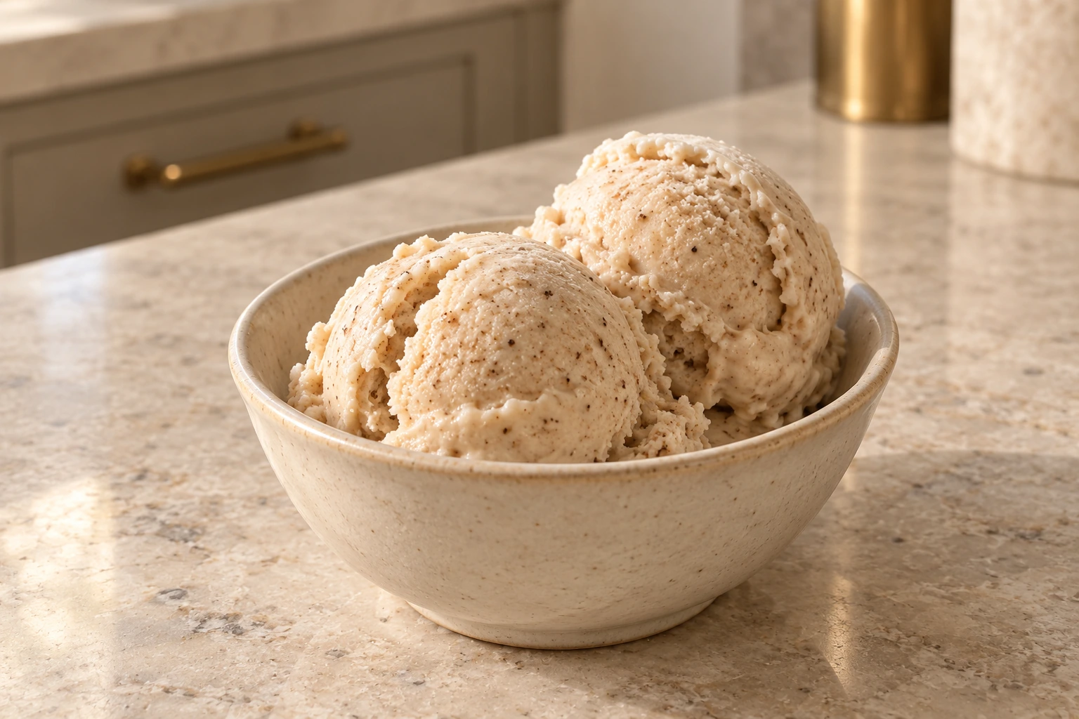 Two scoops of Full GAPS chai ice cream made with coconut milk and raw honey