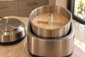 Speckled chai coconut milk base in a frozen stainless ice cream maker cylinder before churning