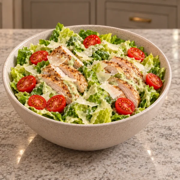 Grilled chicken salad with eight tomato halves, Parmesan, and avocado mayo dressing