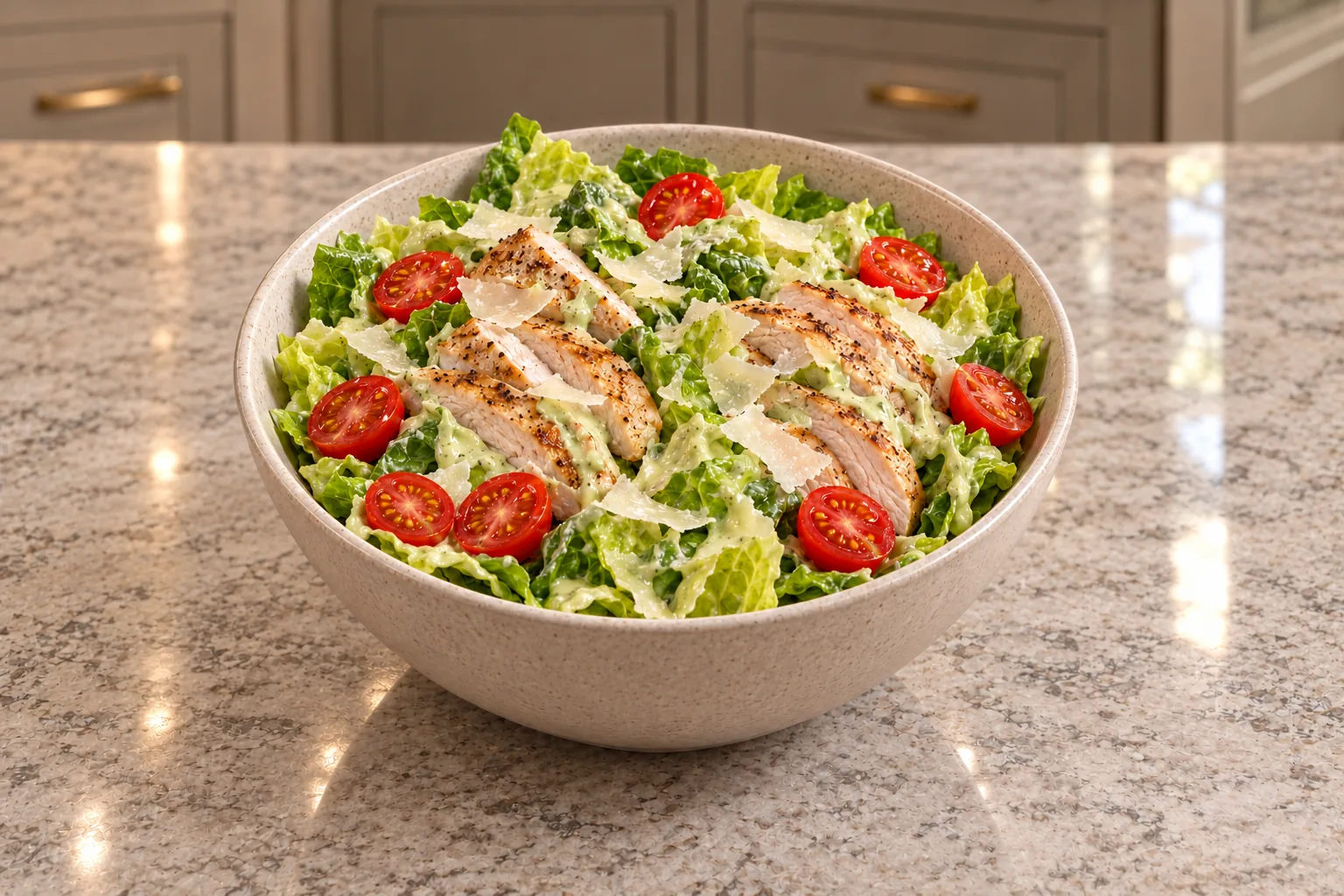 Grilled chicken salad with eight tomato halves, Parmesan, and avocado mayo dressing