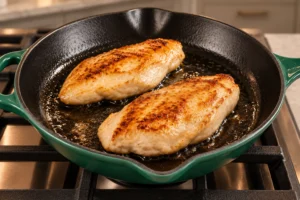 Two plain chicken breasts browning in coconut oil in an Artichaut skillet