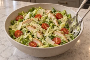Chicken salad with eight tomato halves and avocado mayo being gently tossed