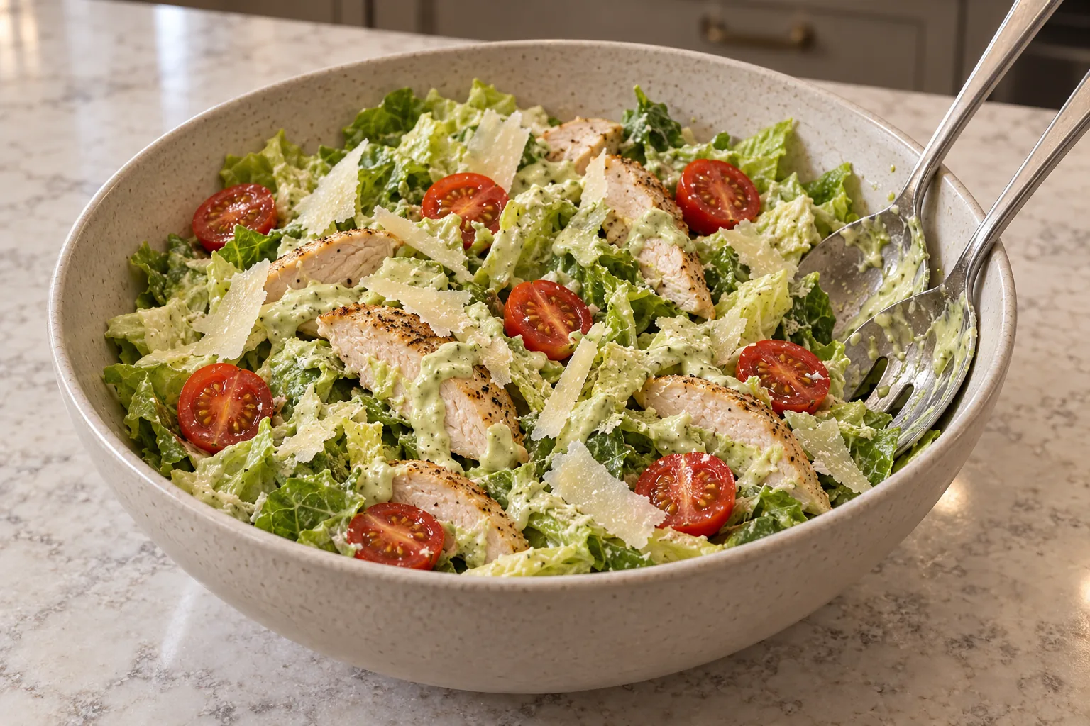 Chicken salad with eight tomato halves and avocado mayo being gently tossed