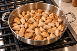 Fully cooked chicken breast cubes in a stainless-steel pan for Full GAPS chicken vegetable stir fry