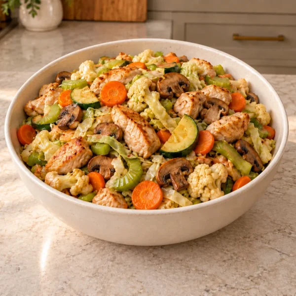 Large-batch chicken vegetable stir fry for Full GAPS with chicken, cabbage, zucchini, mushrooms, carrots, celery, and cauliflower