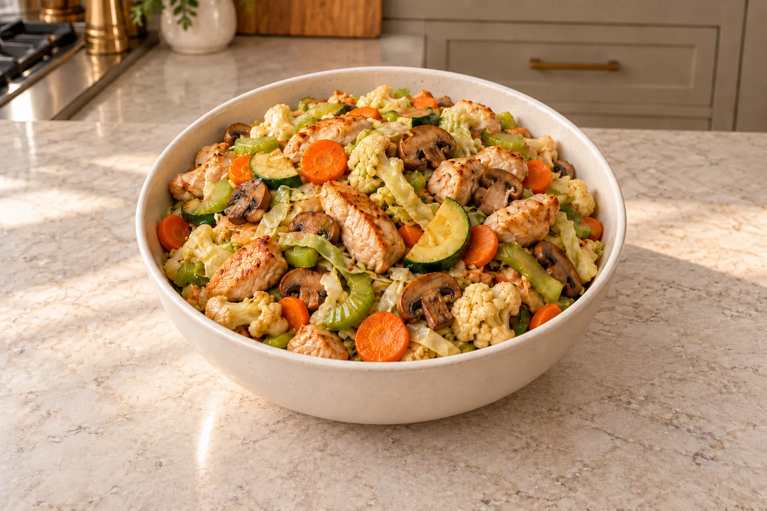 Large-batch chicken vegetable stir fry for Full GAPS with chicken, cabbage, zucchini, mushrooms, carrots, celery, and cauliflower