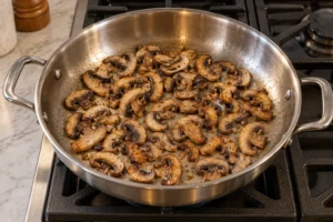 Glossy browned mushroom slices in a stainless-steel pan for Full GAPS chicken vegetable stir fry
