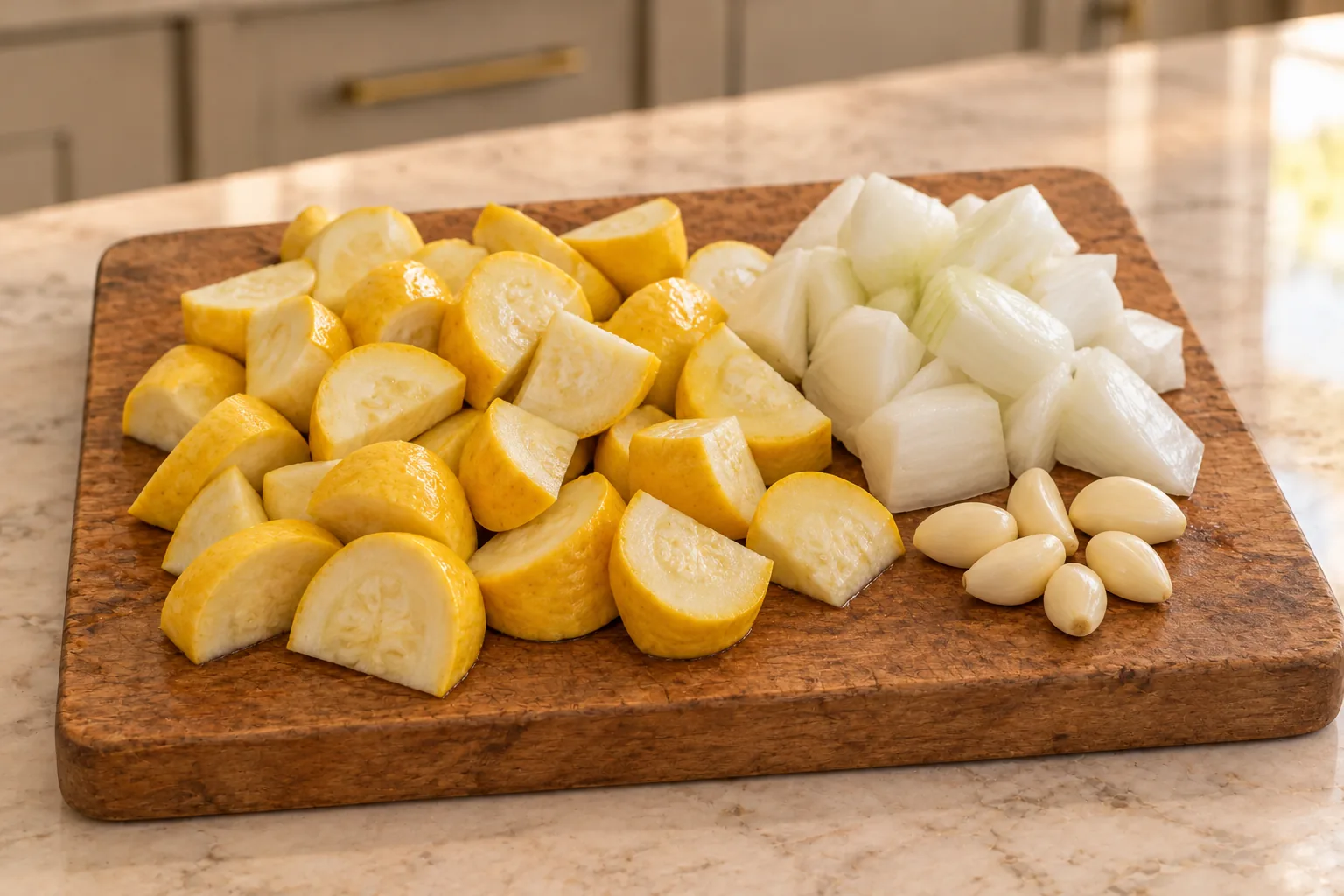 One-inch yellow crookneck squash pieces, onion chunks and six peeled garlic cloves for Full GAPS chilled soup