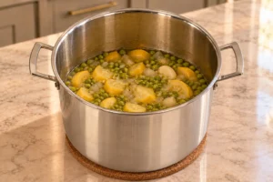 Fork-tender yellow squash, onion, garlic and green peas in homemade chicken meat stock for Full GAPS before cooling and blending