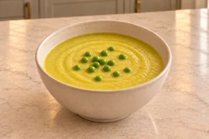 Chilled yellow squash and pea soup for Full GAPS with reserved whole green peas in a cream ceramic bowl