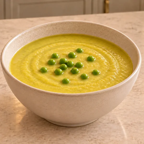 Chilled yellow squash and pea soup for Full GAPS with reserved whole green peas in a cream ceramic bowl