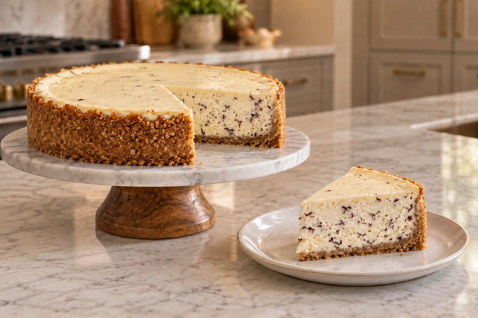 Chocolate chip cheesecake for Later Full GAPS with a nut crust and one plated slice